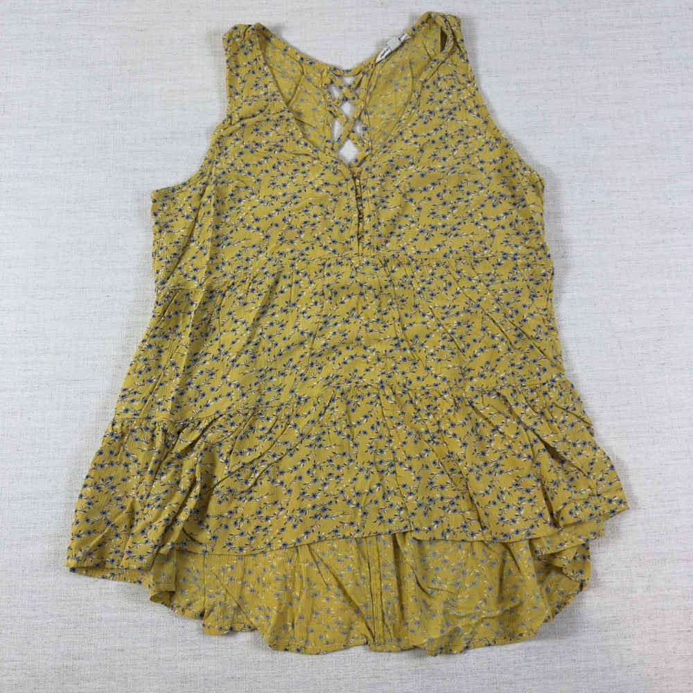 American Eagle Mustard Yellow Floral Tiered Lace Up Sleeveless Babydoll Top L